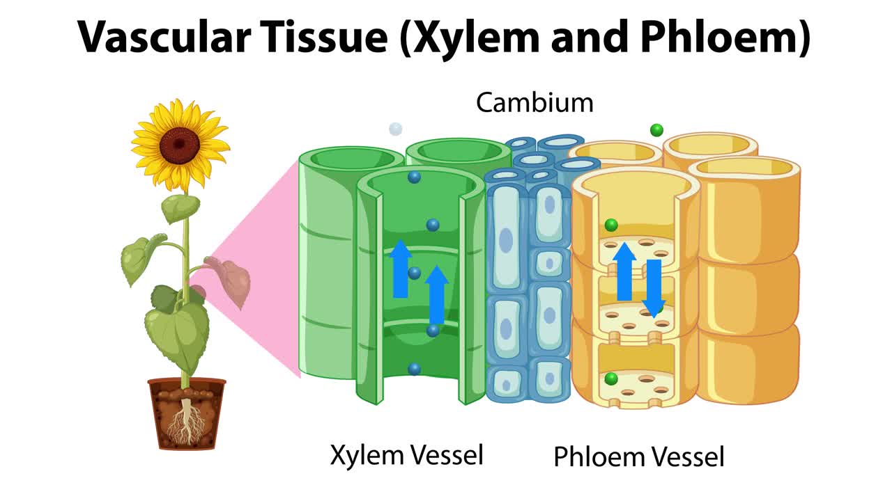 식물에서 xylem과 phloem의 일러스트레이션