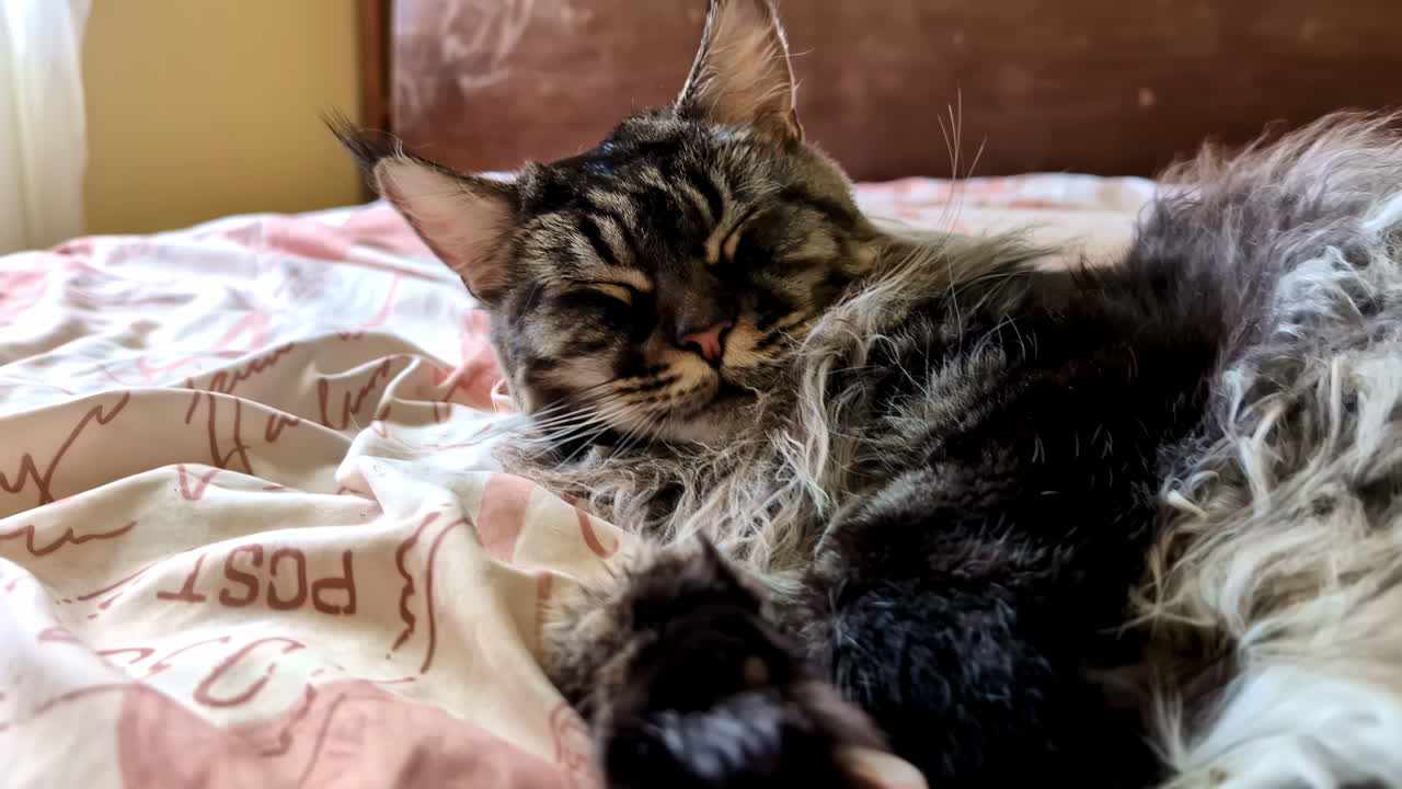 Fluffy cat Mainecoon dozing on bed. Pet cat lies on side with closed eyes on pinkish crumpled sheet