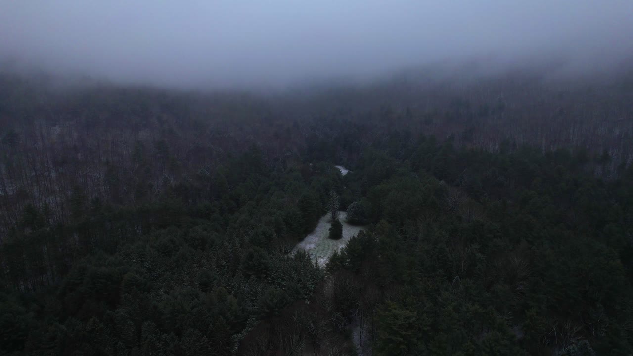 Filmagens aéreas de drone de uma bela noite nevada e nebulosa com nuvens baixas nas montanhas Apalaches durante o inverno.