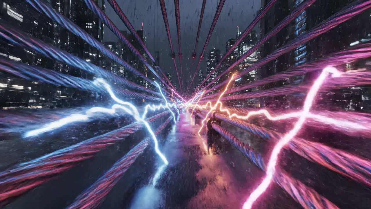 Abstract cityscape with lightning and wires