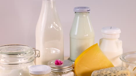 various dairy items arranged on a white background