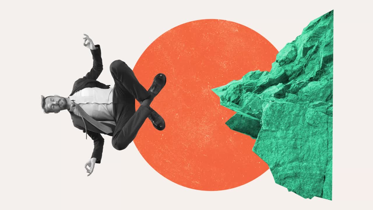 젊은 매니저, 재무 분석가 또는 사무관은 사무실에서 꿈꾸고 밝은 배경에 고립되어 있습니다. 콜라지, 스 모션 및 2d 애니메이션.