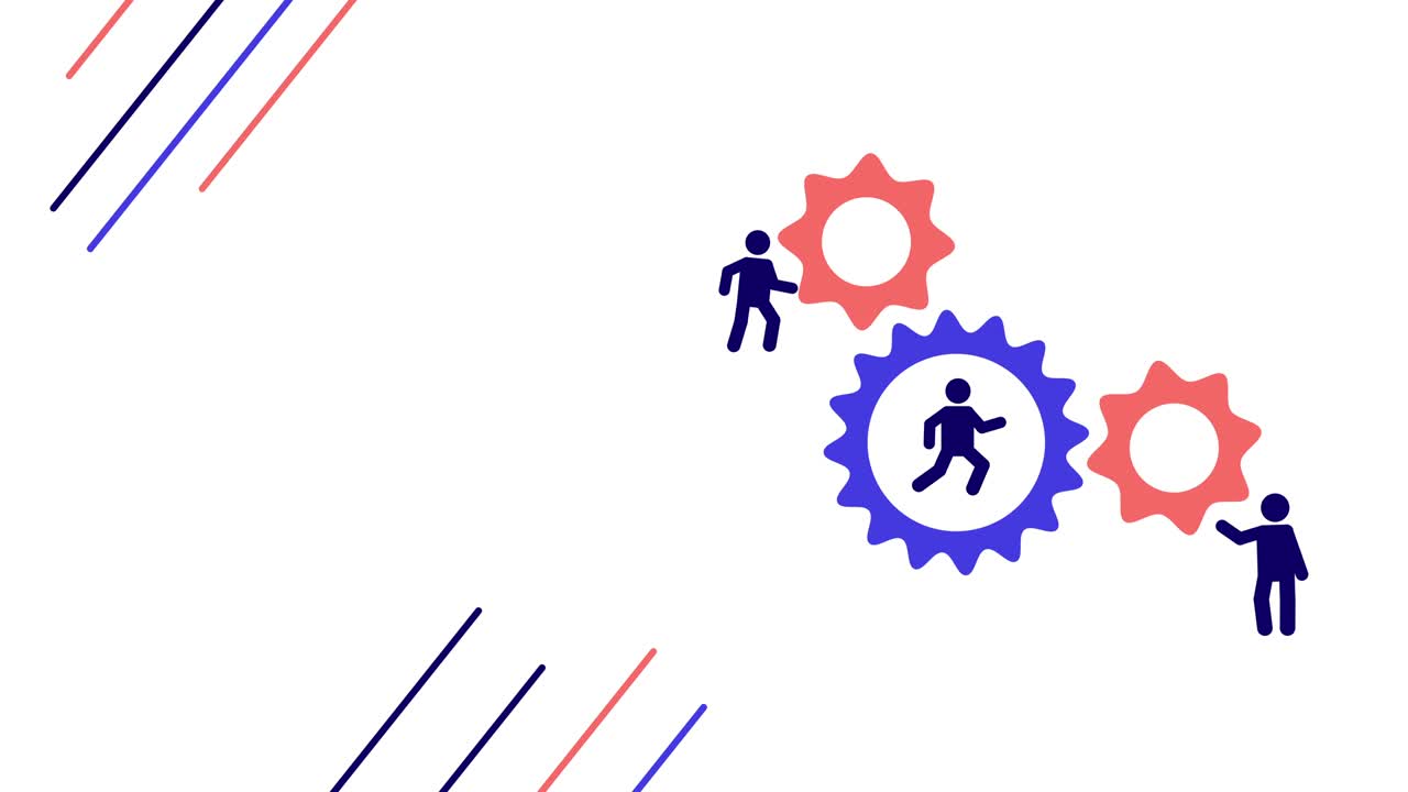 video en 4k de la construcción de engranajes con personajes de dibujos animados.