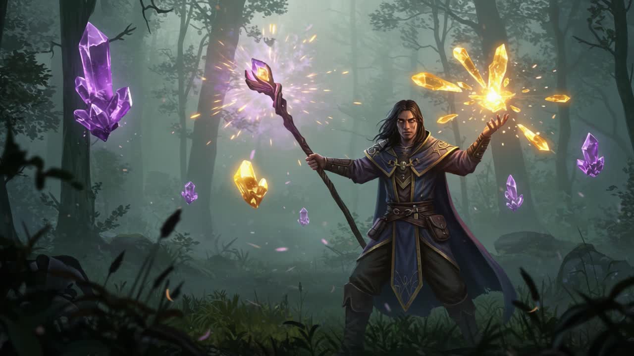 A powerful mage conjures magical crystals in an enchanted forest, surrounded by shimmering gemstones that radiate mystical energy and illuminate the foggy atmosphere