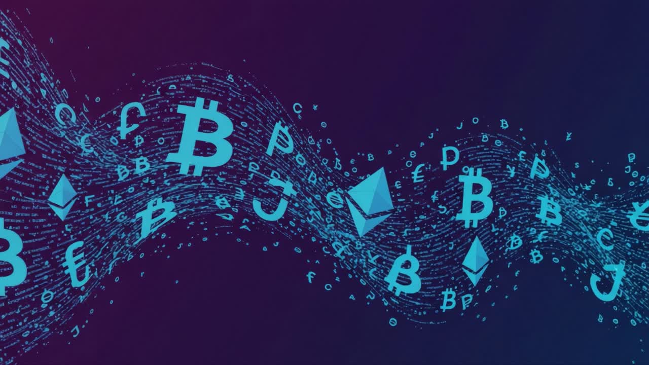 Dynamic Representation of Cryptocurrency Symbols Flowing in a Stream of Data, Highlighting the Evolution of Digital Currency in the Financial Landscape