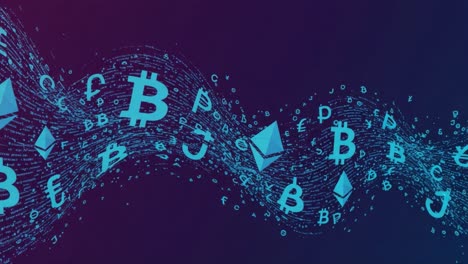 dynamic representation of cryptocurrency symbols flowing in a stream of data, highlighting the evolution of digital currency in the financial landscape