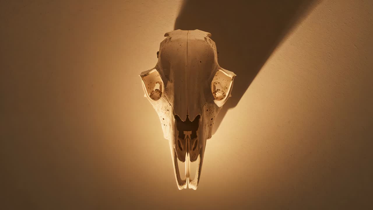 Lampada calda che illumina un teschio di animale montato su una parete semplice, proiettando un alone ed evidenziando i contorni