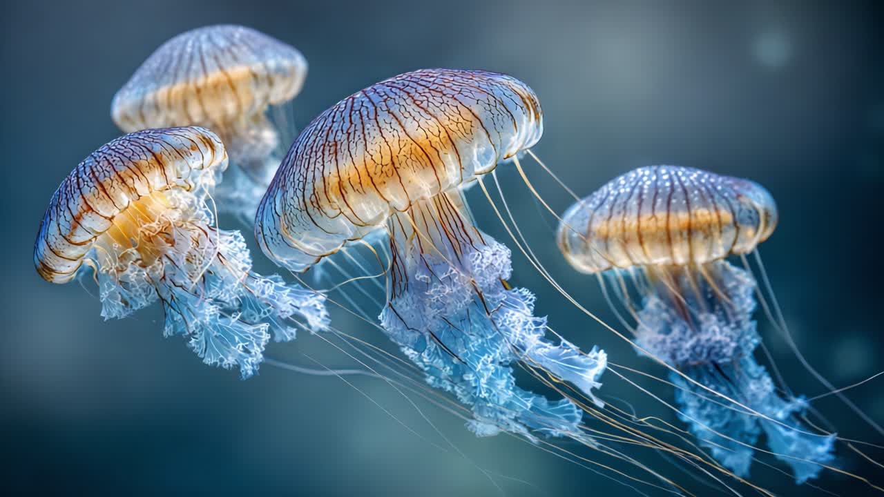 A mesmerizing underwater scene featuring a graceful group of jellyfish, delicately illuminating the depths with their bioluminescent glow and elegant movements