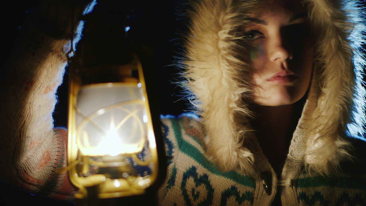 어둠 속에서 두려운 주위를 둘러보고 있는 석유 램프를 가진 젊은 여자