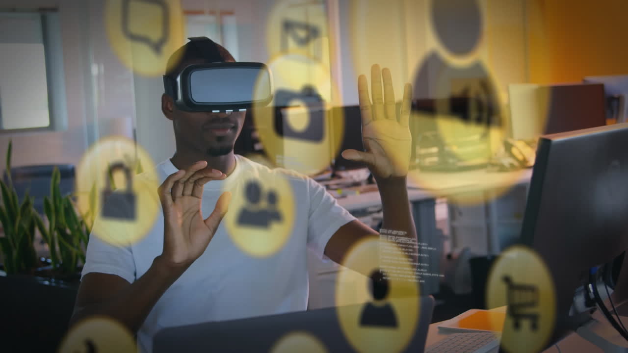 Yellow icon with man wearing VR headset