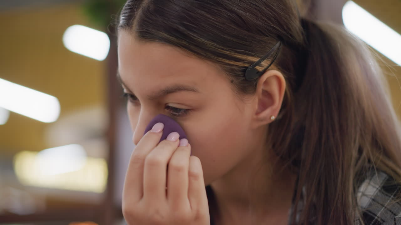 vista de cerca de la joven usando cuidadosamente la esponja de belleza para mezclar el maquillaje en la cara, la expresión enfocada destaca la precisión en el logro de una complexión impecable con una aplicación suave y uniforme de la fundación