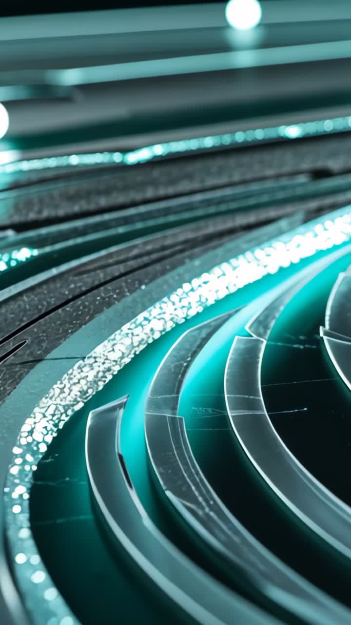 Vertical video: Revealing concentric bands rotating under light in studio with glowing particles