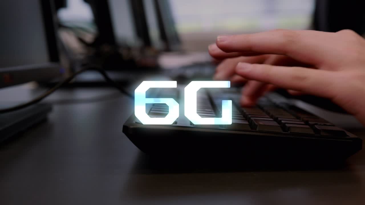 Animazione di studenti diversi che usano computer sul testo 6G.