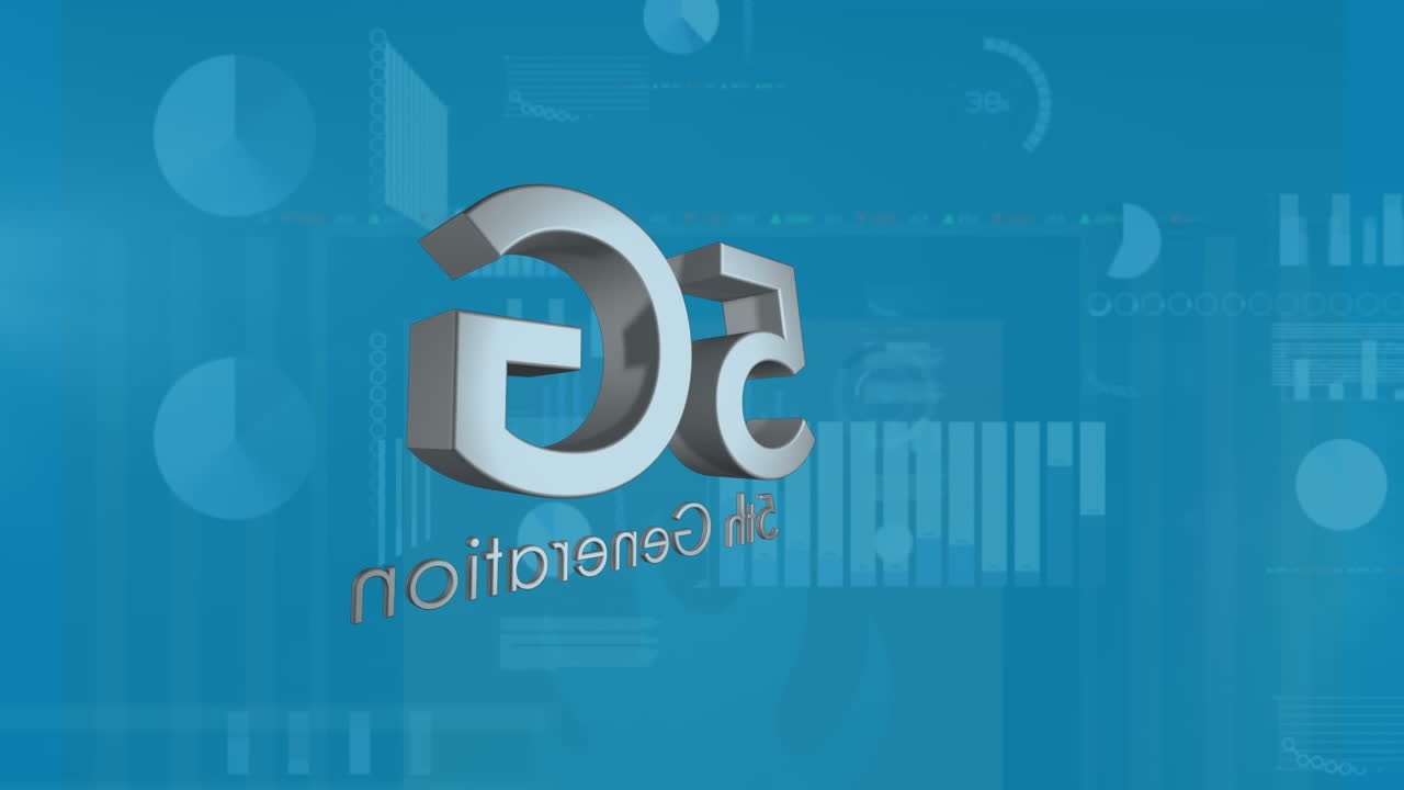 animación de texto 5g y procesamiento de datos financieros sobre fondo azul