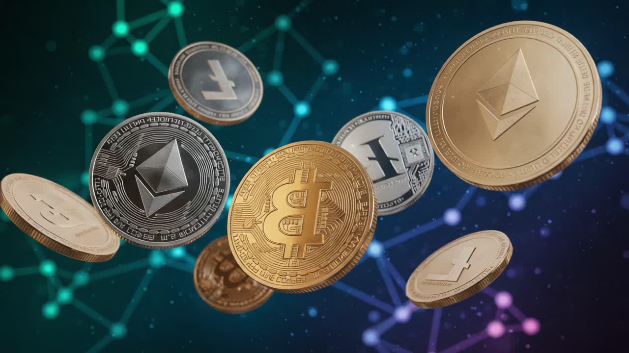 A Dynamic Display of Various Cryptocurrency Coins Floating in a Futuristic Digital World, Highlighting Innovations in Blockchain Technology and Virtual Finance