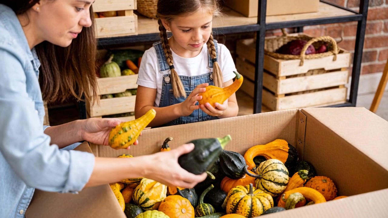 Una donna adulta e una bambina aprono una scatola di cartone, selezionando e scegliendo zucche ornamentali in un negozio di prodotti agricoli, entrambe in abiti di jeans.