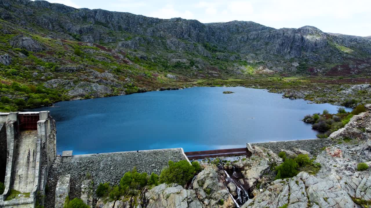 Large dam and lake of reservoir vega de tera in countryside of spain