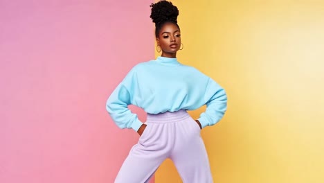 stylish woman in sweatshirt and track pants