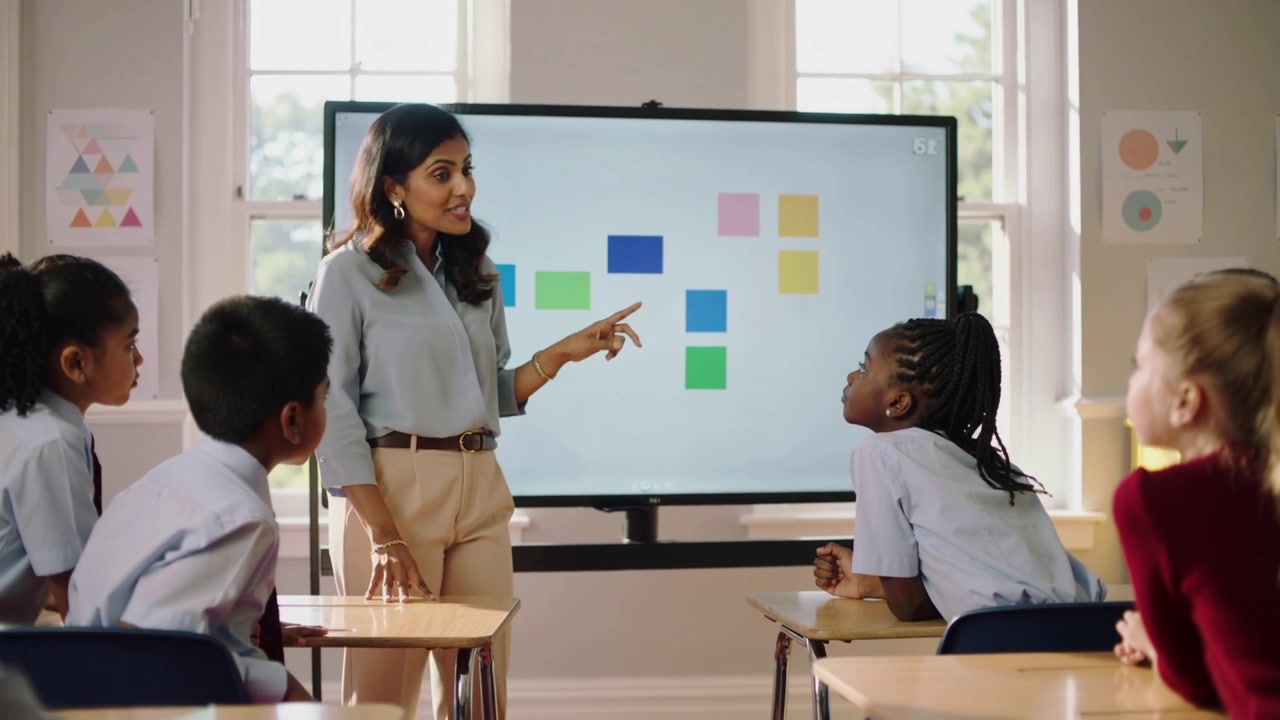 Pointing teacher in blue blouse tan pants showing blue square class display, eliciting hand raising