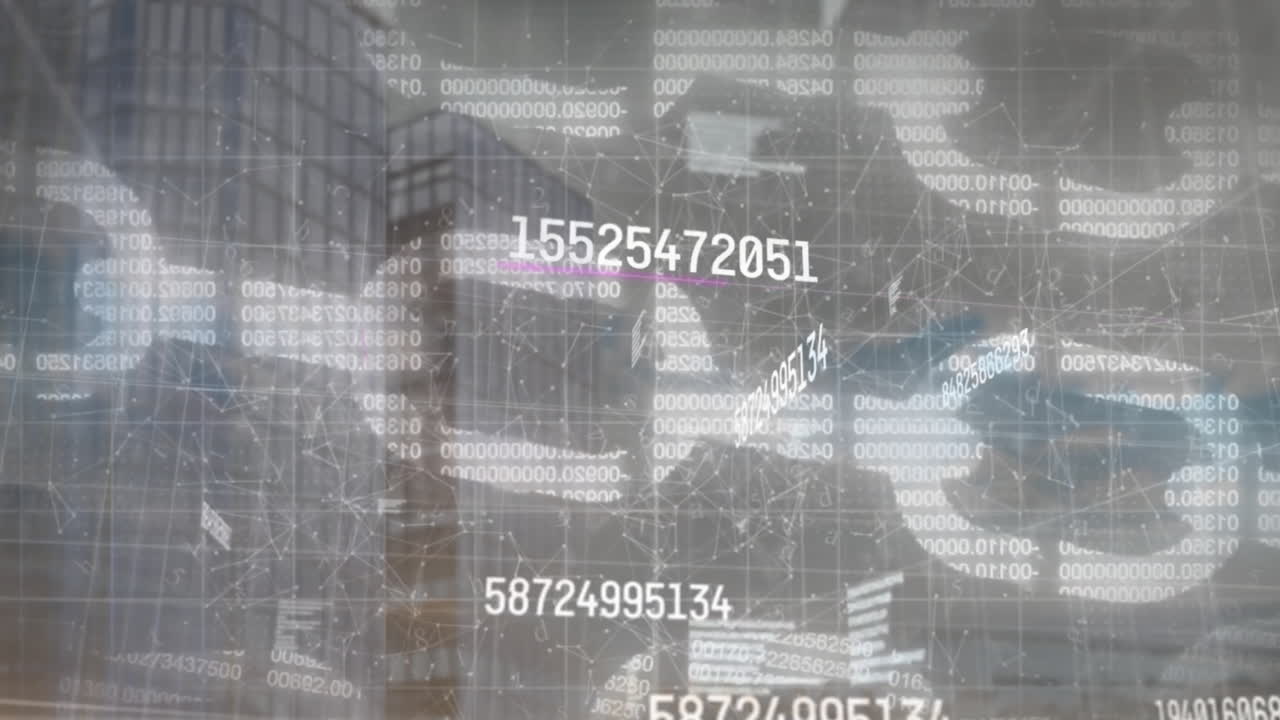 금융 데이터 처리 및 블록 체인의 애니메이션 (오피스 빌딩)