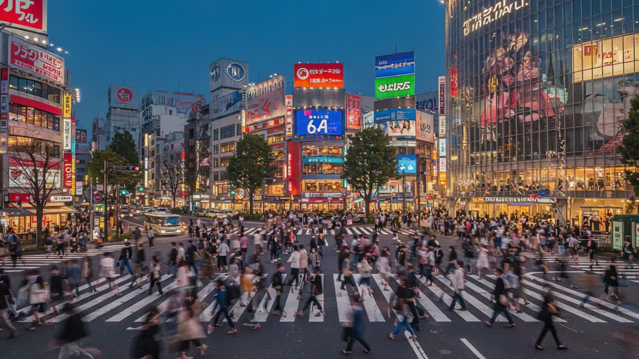 Bustling City Intersection with a Vibrant Urban Atmosphere at Night, Showcasing Pedestrians and Neon Lights Illuminating the Streets in a Dynamic Urban Landscape