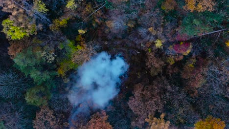 Drone-Aéreo-Mirando-Hacia-El-Géiser-Geotérmico-En-Ascenso-Junto-A-Los-árboles-De-Color-Otoñal