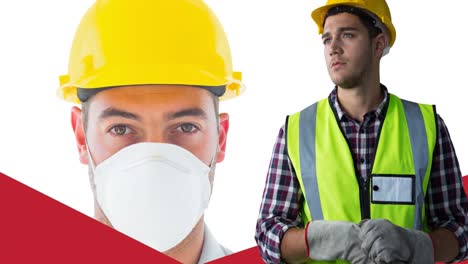 Animation-of-caucasian-male-worker-over-face-of-caucasian-male-worker-with-face-mask