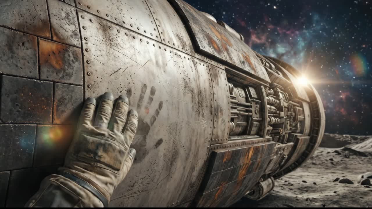 Astronaut's Gloved Hand Touches Weathered Spaceship on Alien Moon