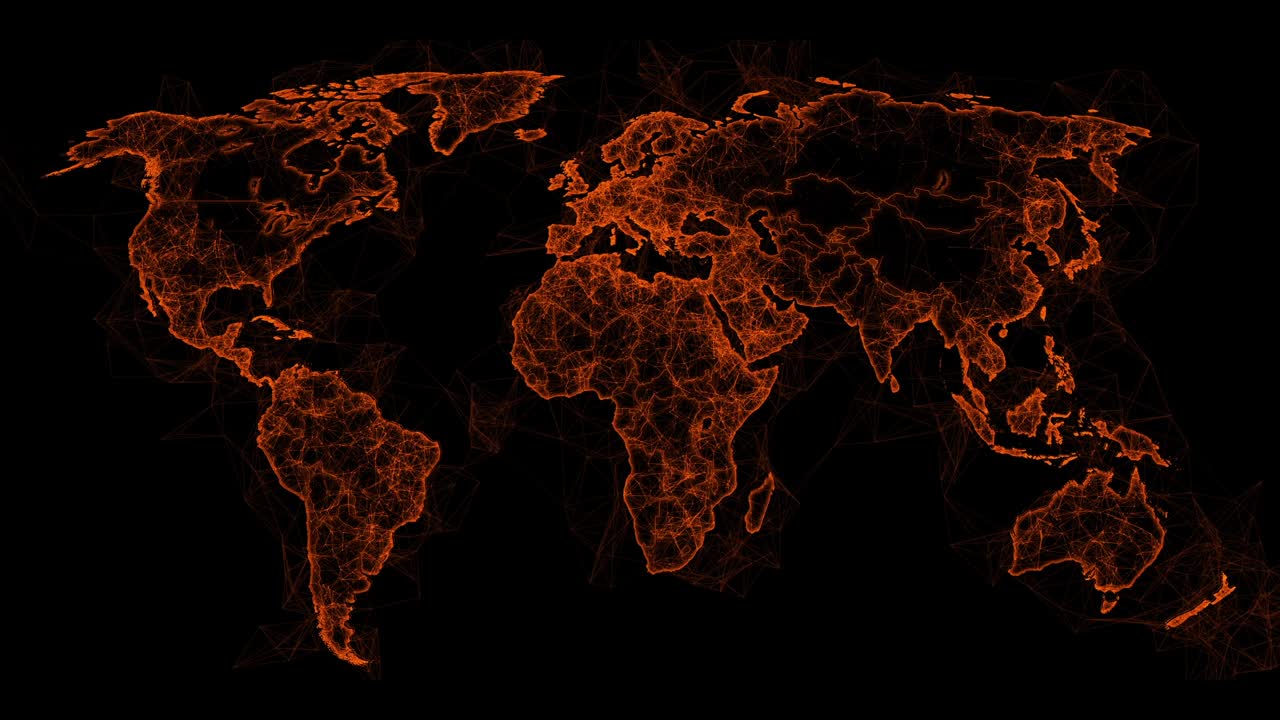 Stylized world map with a brown, glowing plexus network effect on a black background. For global business, technology, or data concepts