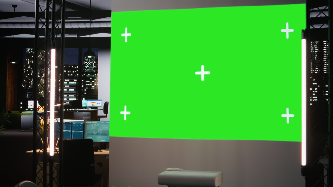 Empty professional conference table in dark office with isolated display