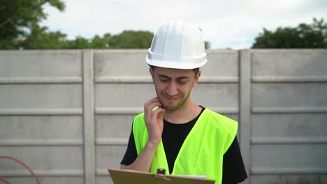 un supervisor con un casco blanco expresa su insatisfacción con la información documentada en el portapapeles - medio de primer plano