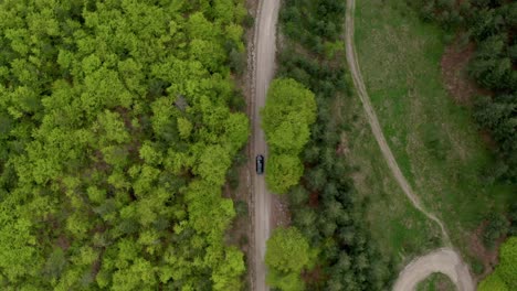 Vehicle-on-rural-road-in-Rhodope-Mountains-of-Bulgaria-surrounded-by-grass-Field-and-green-trees