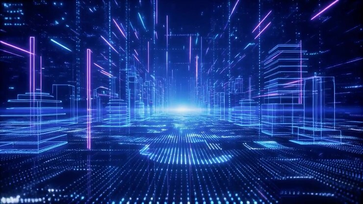 Paesaggio urbano digitale futuristico con flussi di dati neon luminosi