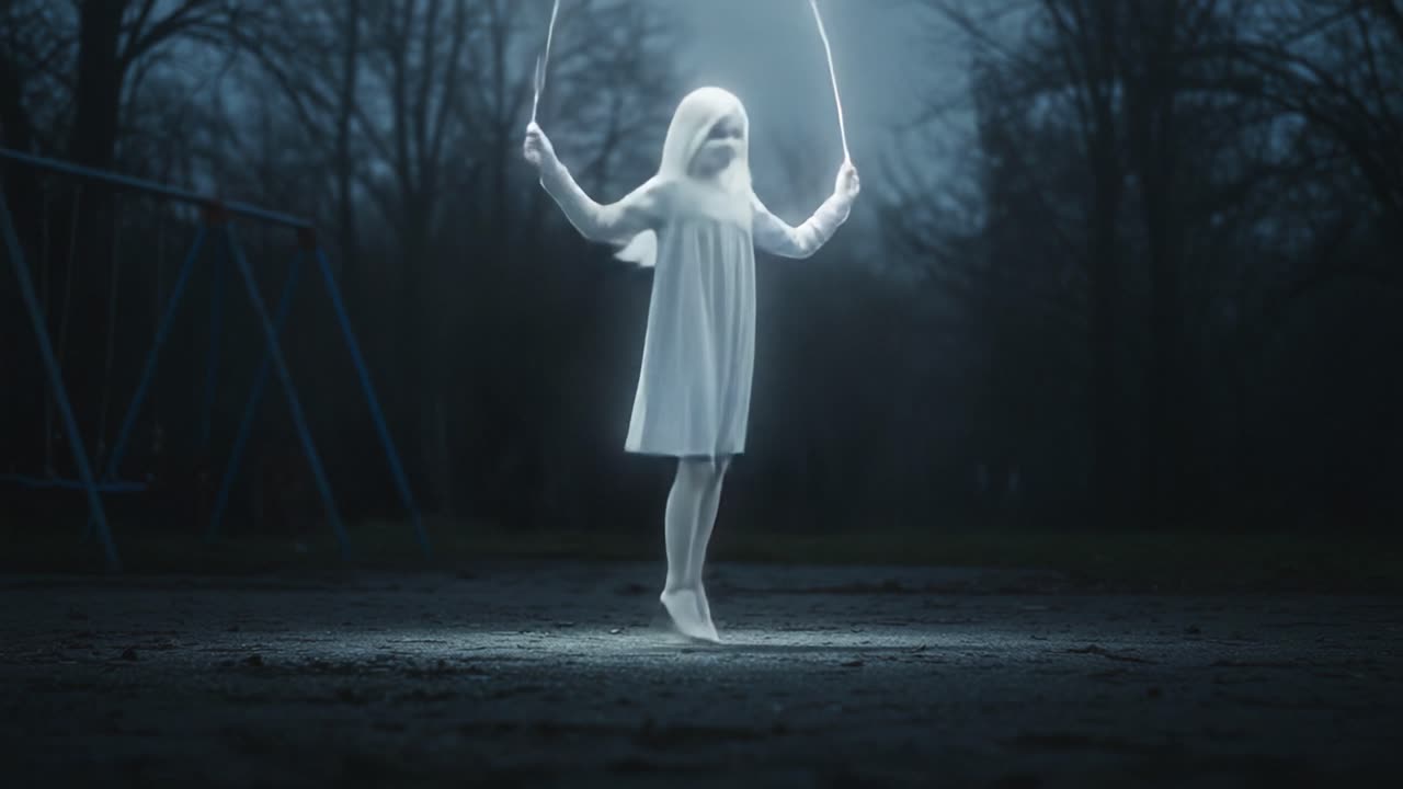 Tajemnicza upiorna dziewczyna na ciemnym, zamglonym placu zabaw urzeka enigmatyczną energią, skacząc na skakance w upiornym świetle pośród cieni drzew