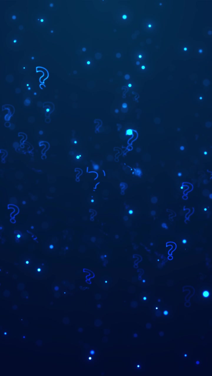 Blue question mark particle background with glowing punctuation symbols floating dots and dark