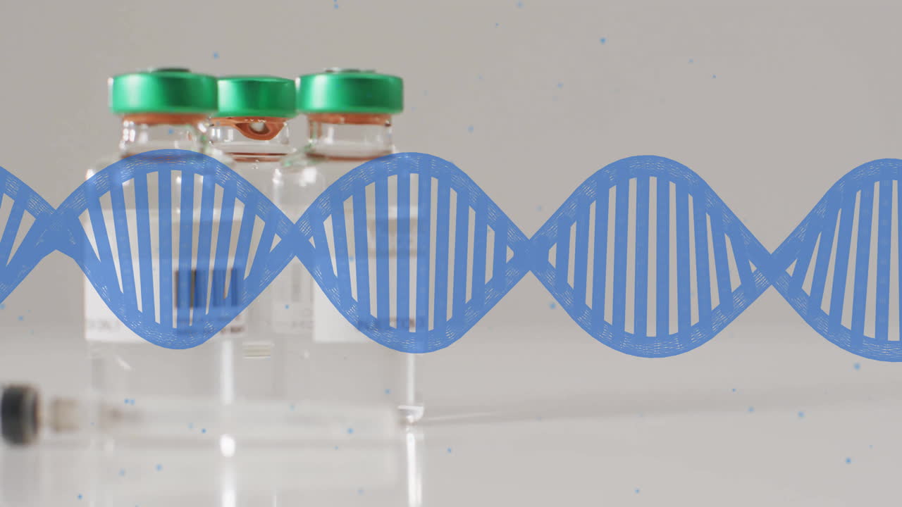 Animation of dna strand spinning over vaccines and syringe on white background