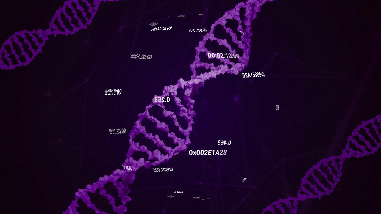 cadenas de adn y animación de procesamiento de datos numéricos en fondo oscuro