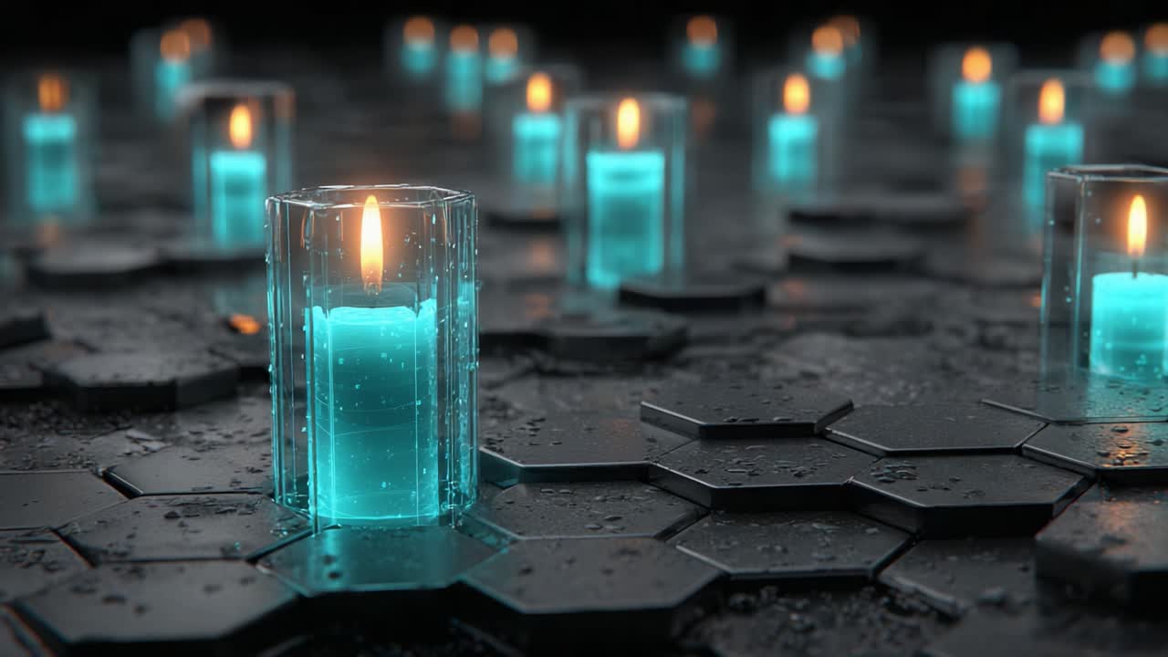 A Mesmerizing Display of Glowing Aqua Candles Surrounded by Glossy Hexagonal Tiles, Capturing the Essence of Serenity and Modern Aesthetics in a Dark Atmosphere