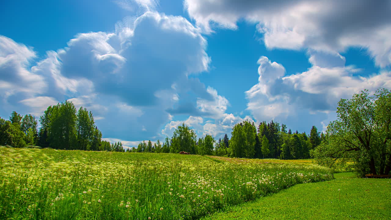 광야의 시골 강간장에서 푸른 하늘을 날아다니는 구름 형성의 5k 시간 경과