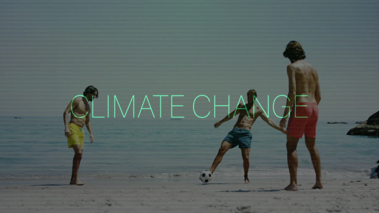 Animation of people playing soccer on beach with Climate Change text overlay