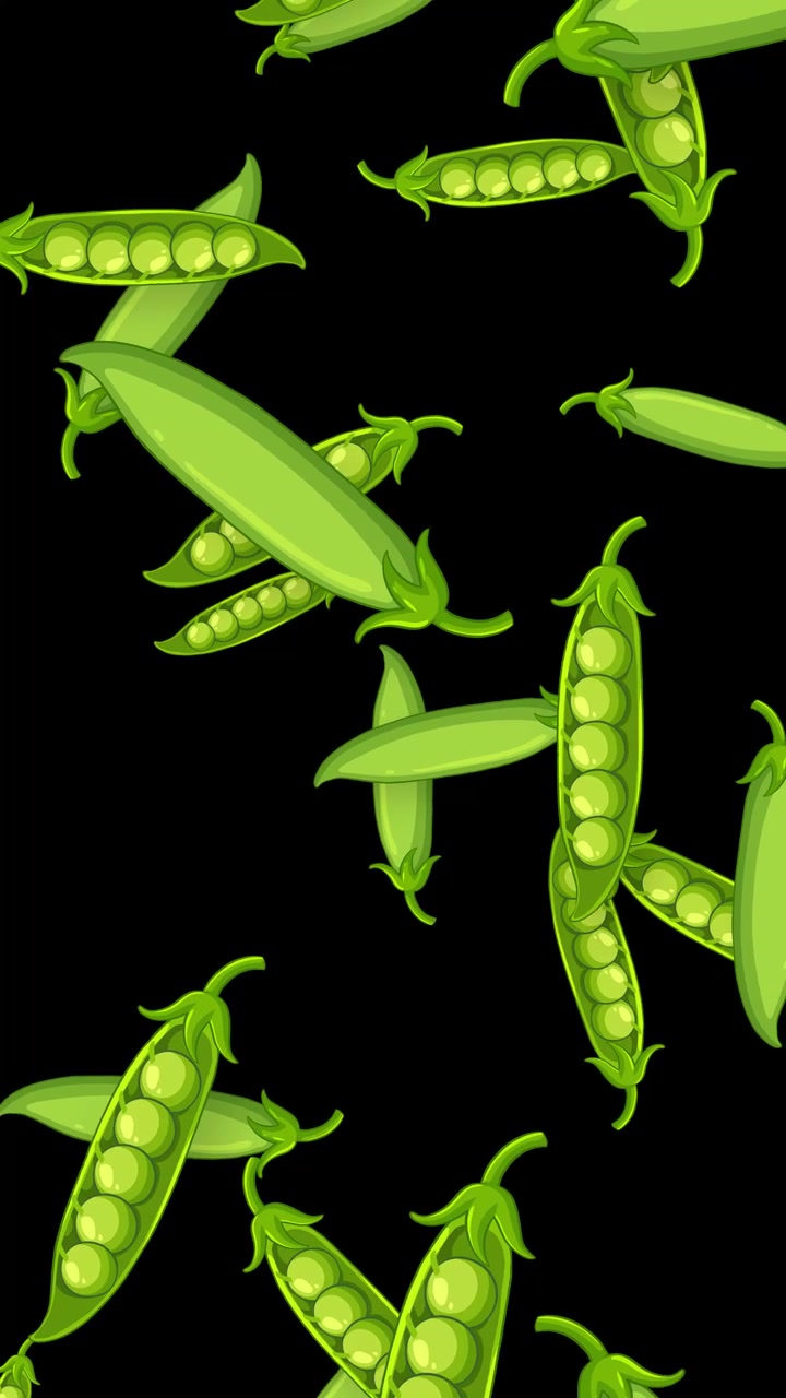 Animated green pea pods falling vertically against a black background in a seamless loop.