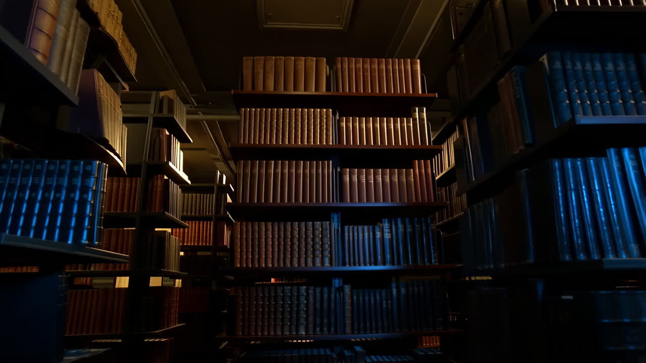 Dimly Lit Library with Towering Bookshelves