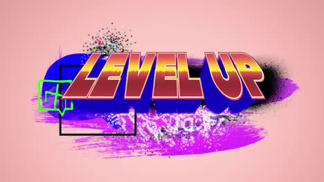 Digital-animation-of-level-up-text-against-abstract-colorful-shapes-on-on-pink-background