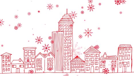 Animation-of-red-christmas-snowflakes-falling-over-red-line-drawn-buildings-on-white-background