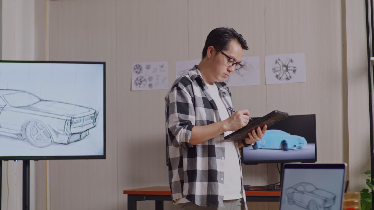 아시안 남성이 tv와 컴퓨터 디스플레이 3d 전기 자동차 모델과 함께 스튜디오에서 돌아다니는 동안 태블릿에 새로운 자동차 디자인 개념을 그리고 있습니다.