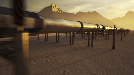 Five-streams-of-a-pipeline-with-heat-pipes-running-through-a-beautiful,-scenic,-foggy-desert-with-vast-mountains-in-the-background.-Fuel-travelling-through-a-pipe-system-supplying-petroleum.