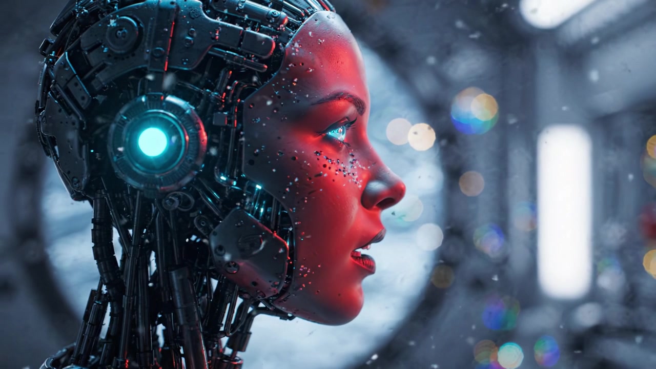 Primo piano intricato di una testa di robot femminile futuristica con caratteristiche potenziate e un bagliore al neon, ambientato su uno sfondo tecnologico sfocato