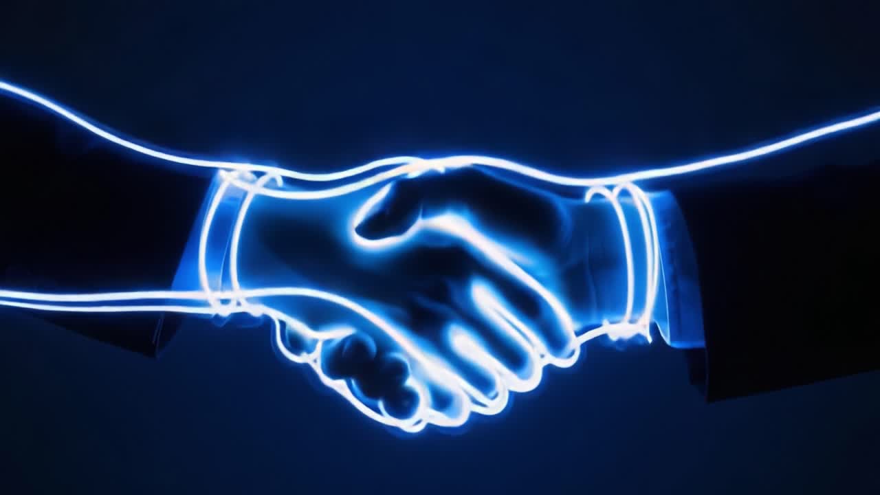 A Symbolic Representation of Unity and Partnership Captured in Brilliant Neon Lights During a Handshake, Emphasizing Connection and Collaboration in a Digital Age