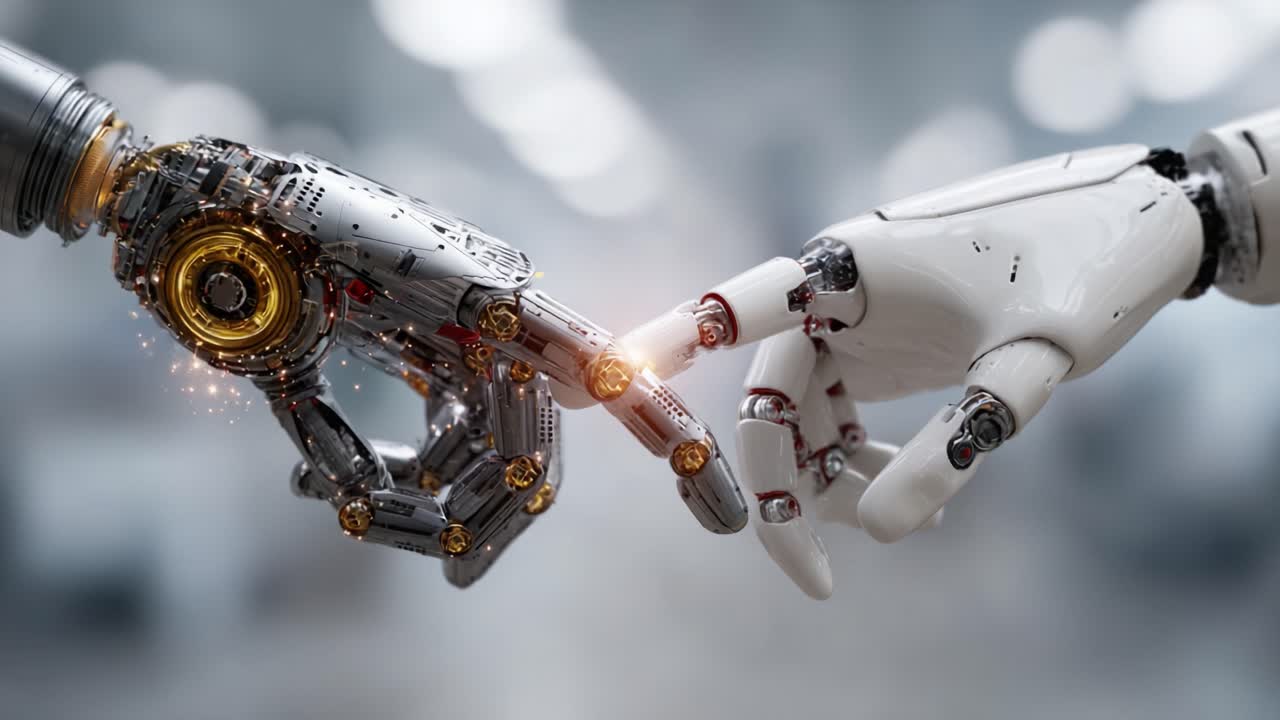 A Futuristic Depiction of Robotics: The Intimate Connection Between Human and Machine Represented by Outstretched Hands in a Modern Environment