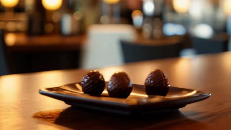 three dark chocolate truffles on a plate